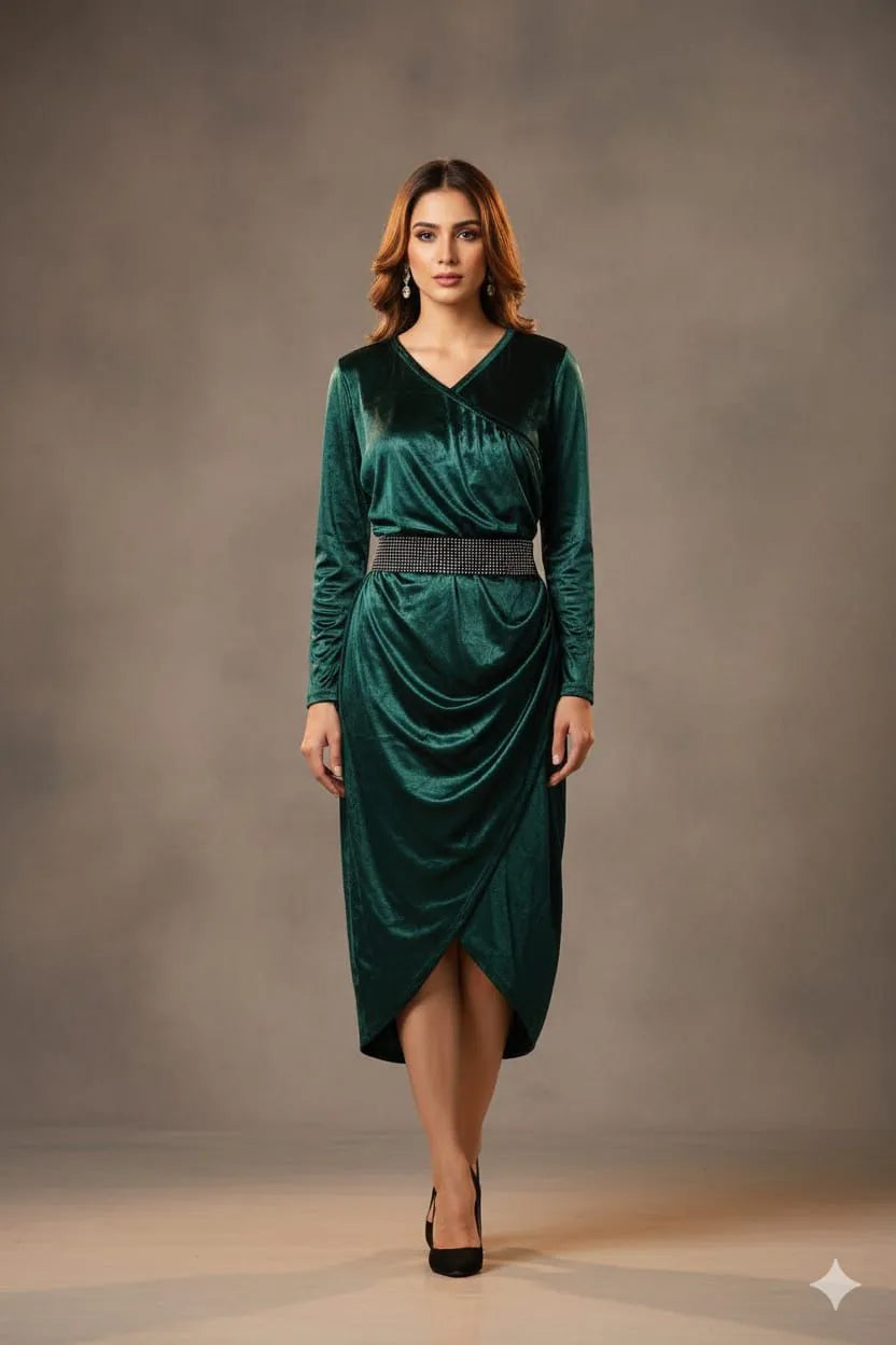 Emerald Velvet Draped Wrap Midi Dress with Embellished Belt