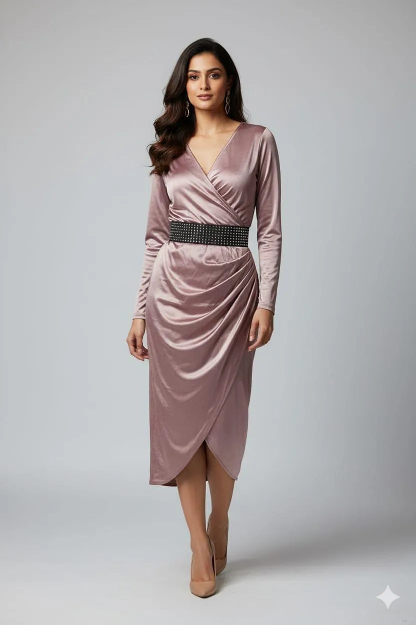 Emerald Velvet Draped Wrap Midi Dress with Embellished Belt