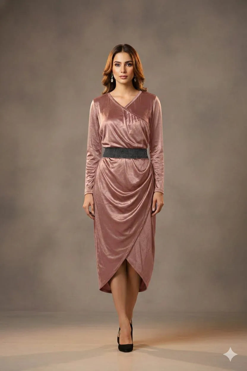 Emerald Velvet Draped Wrap Midi Dress with Embellished Belt