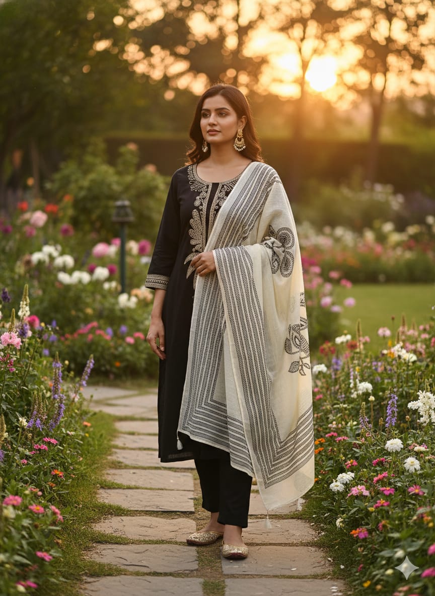Zarnish Embroidered Kurta Set in Yellow, Blue & Black