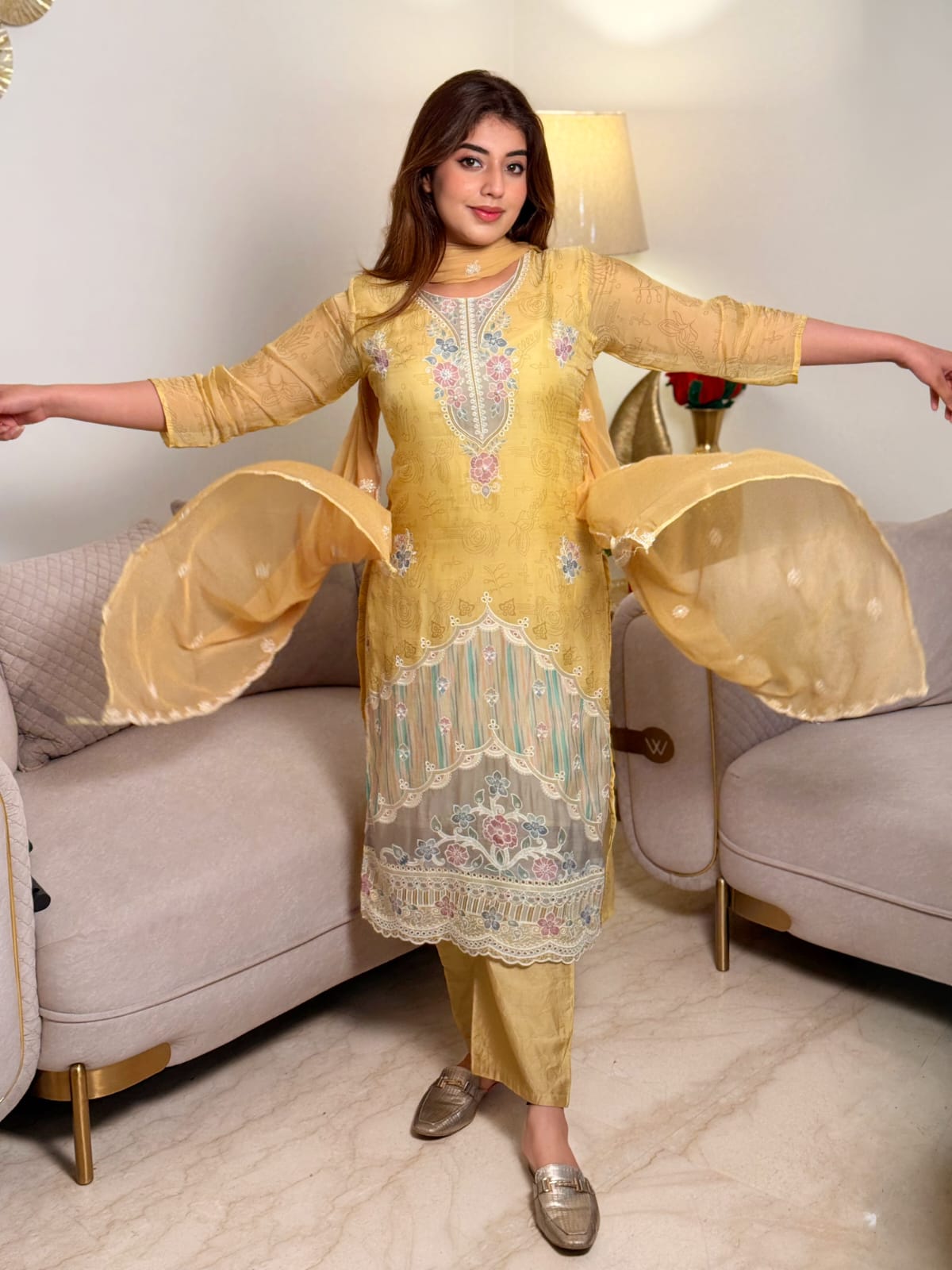 Mehrya Embroidered Pakistani Suit Set – Yellow & Pink