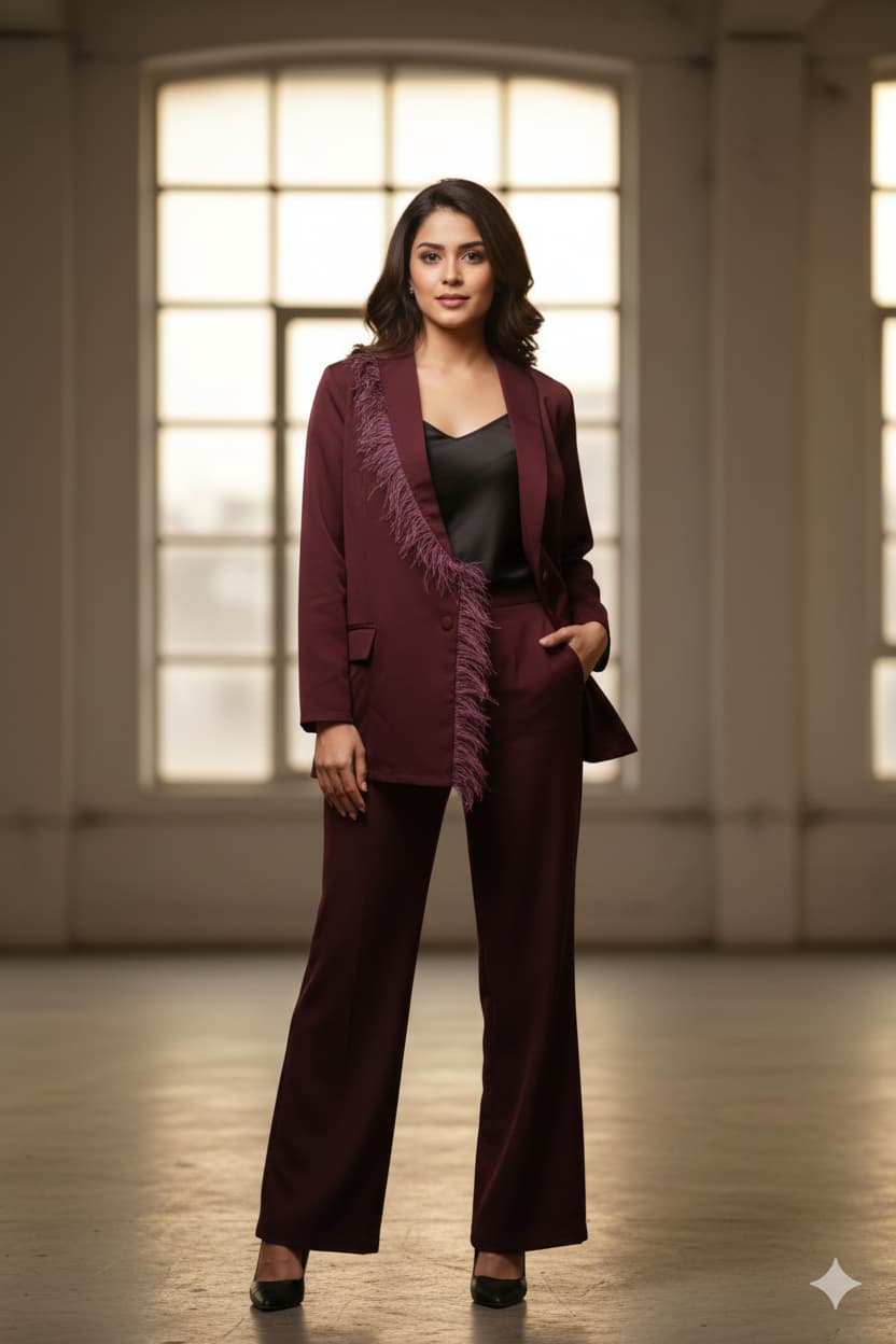 Wine Bliss Feather-Trimmed 2-Piece Co-ord