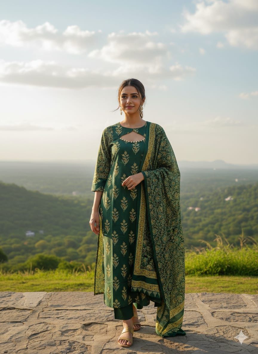 Elegant Dual-Tone Block Print Kurta Set | Available in Emerald Green & Radiant Orange