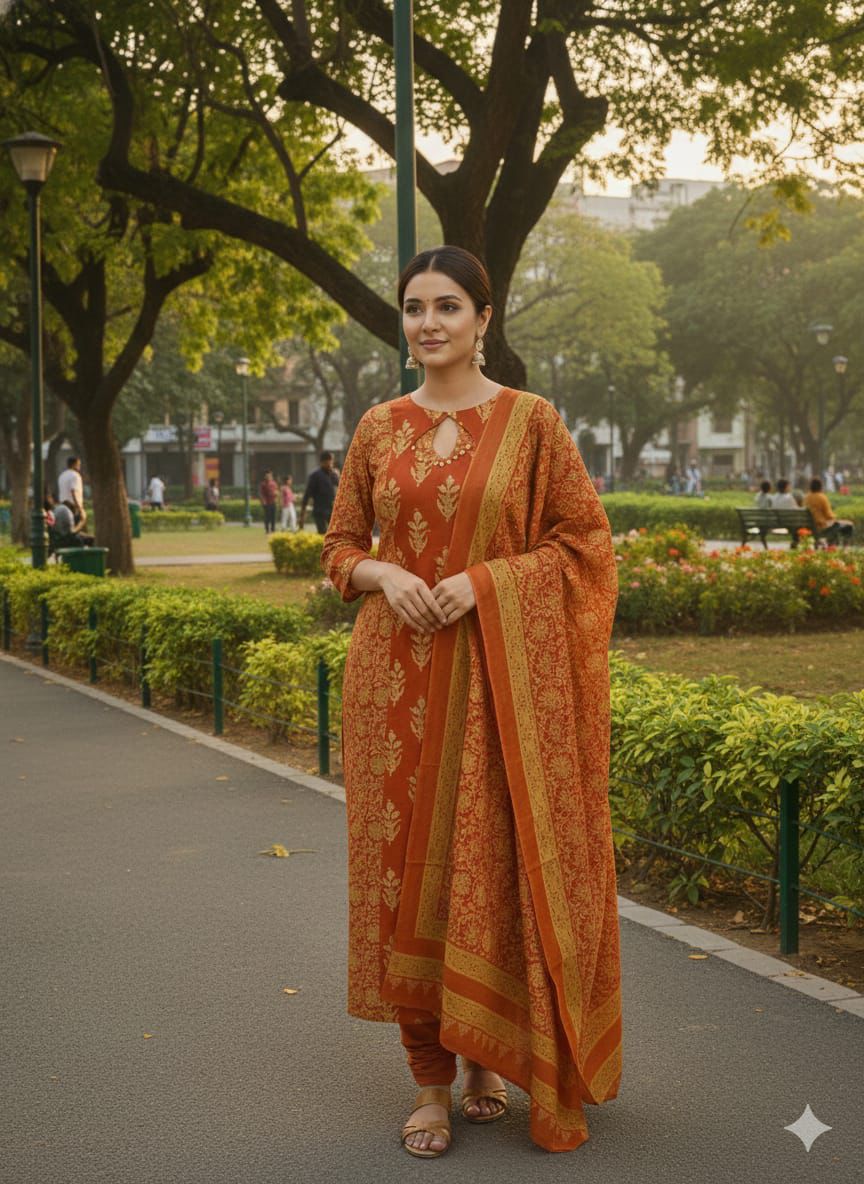 Elegant Dual-Tone Block Print Kurta Set | Available in Emerald Green & Radiant Orange