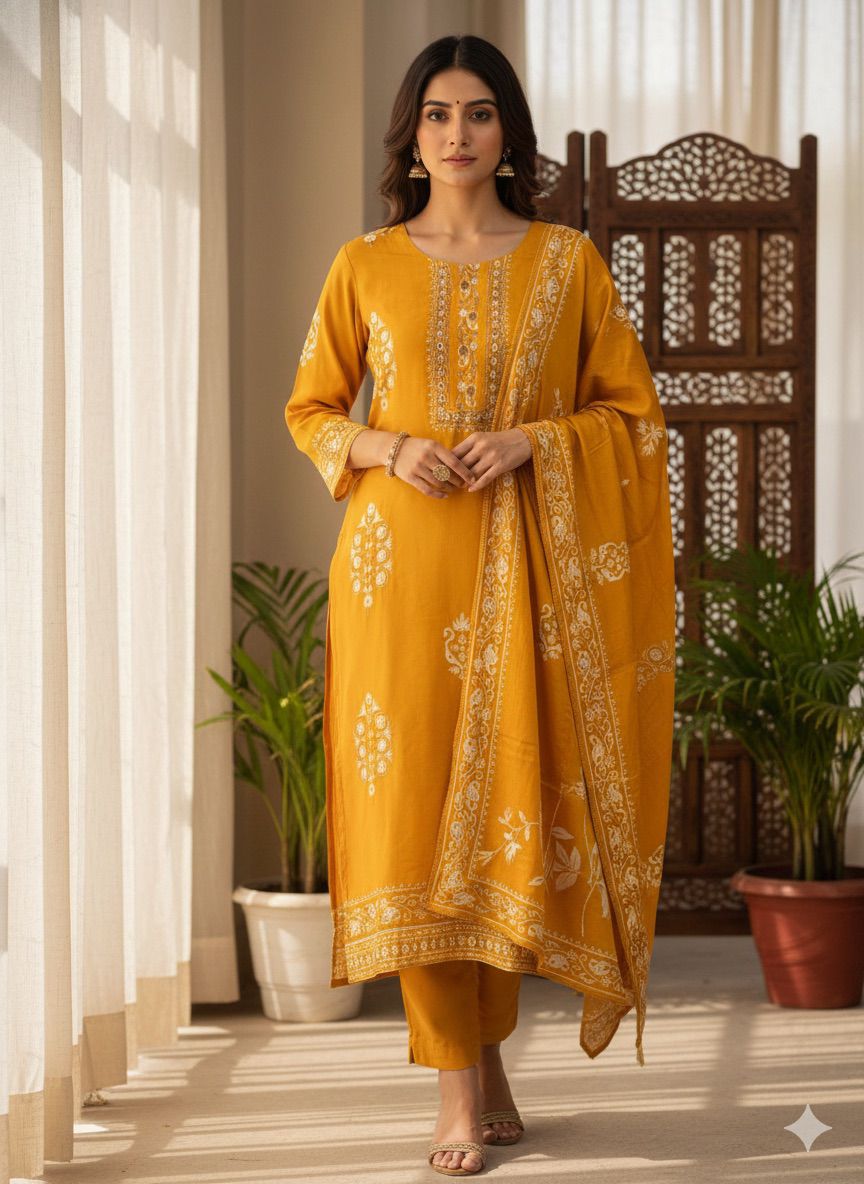 Zar-e-Noor Embroidered Mustard Suit Set with Dupatta