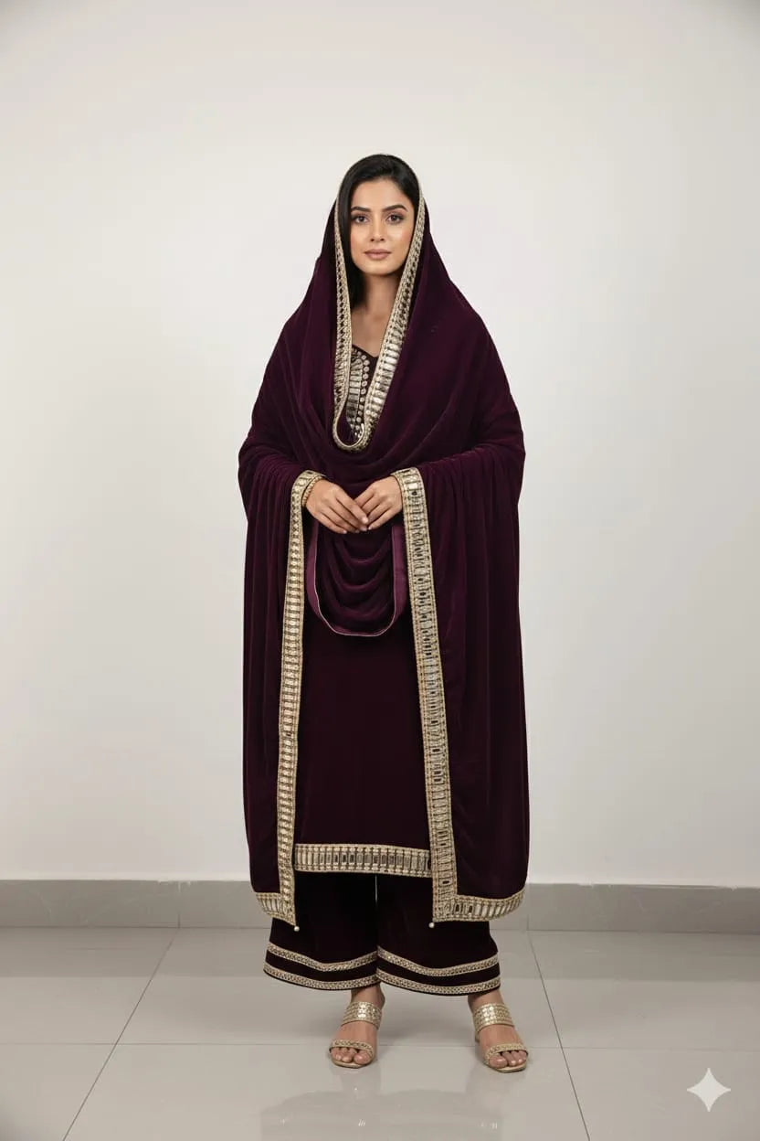 Royal Velvet Hand-Embroidered Suit Set – Authentic Zari & Mirror Work