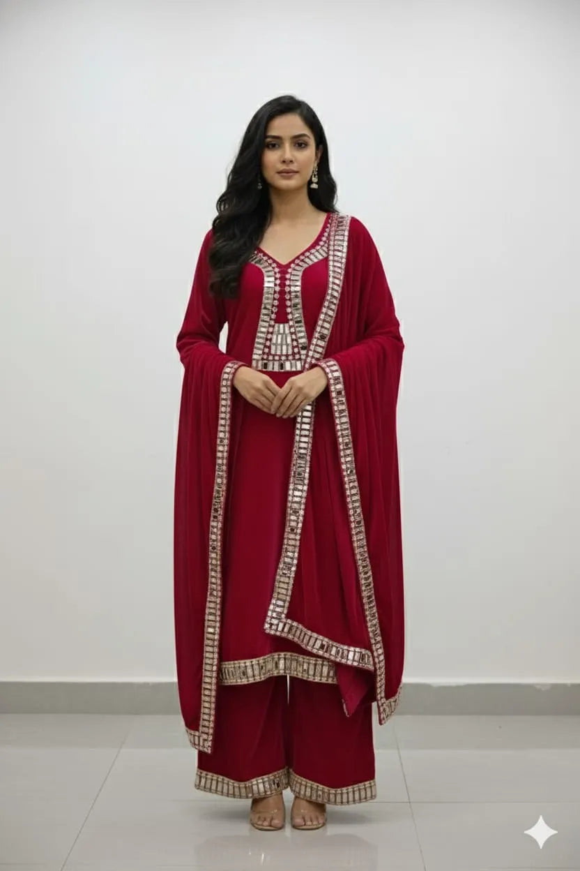 Royal Velvet Hand-Embroidered Suit Set – Authentic Zari & Mirror Work