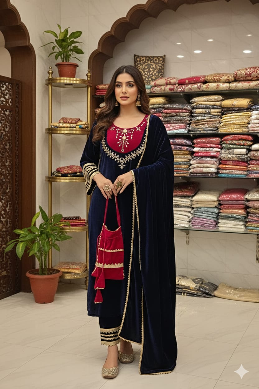 Elegant Velvet Mirror Work Kurta Set with Dupatta & Potli