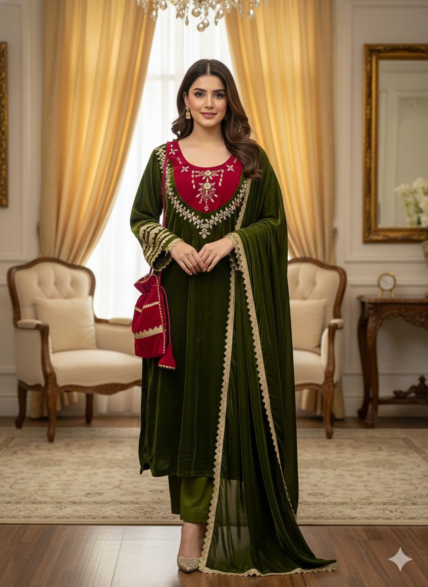 Elegant Velvet Mirror Work Kurta Set with Dupatta & Potli