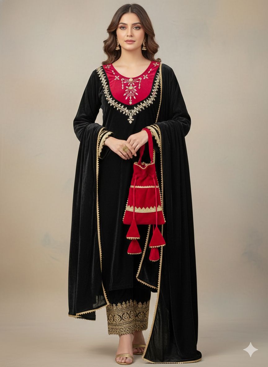 Elegant Velvet Mirror Work Kurta Set with Dupatta & Potli