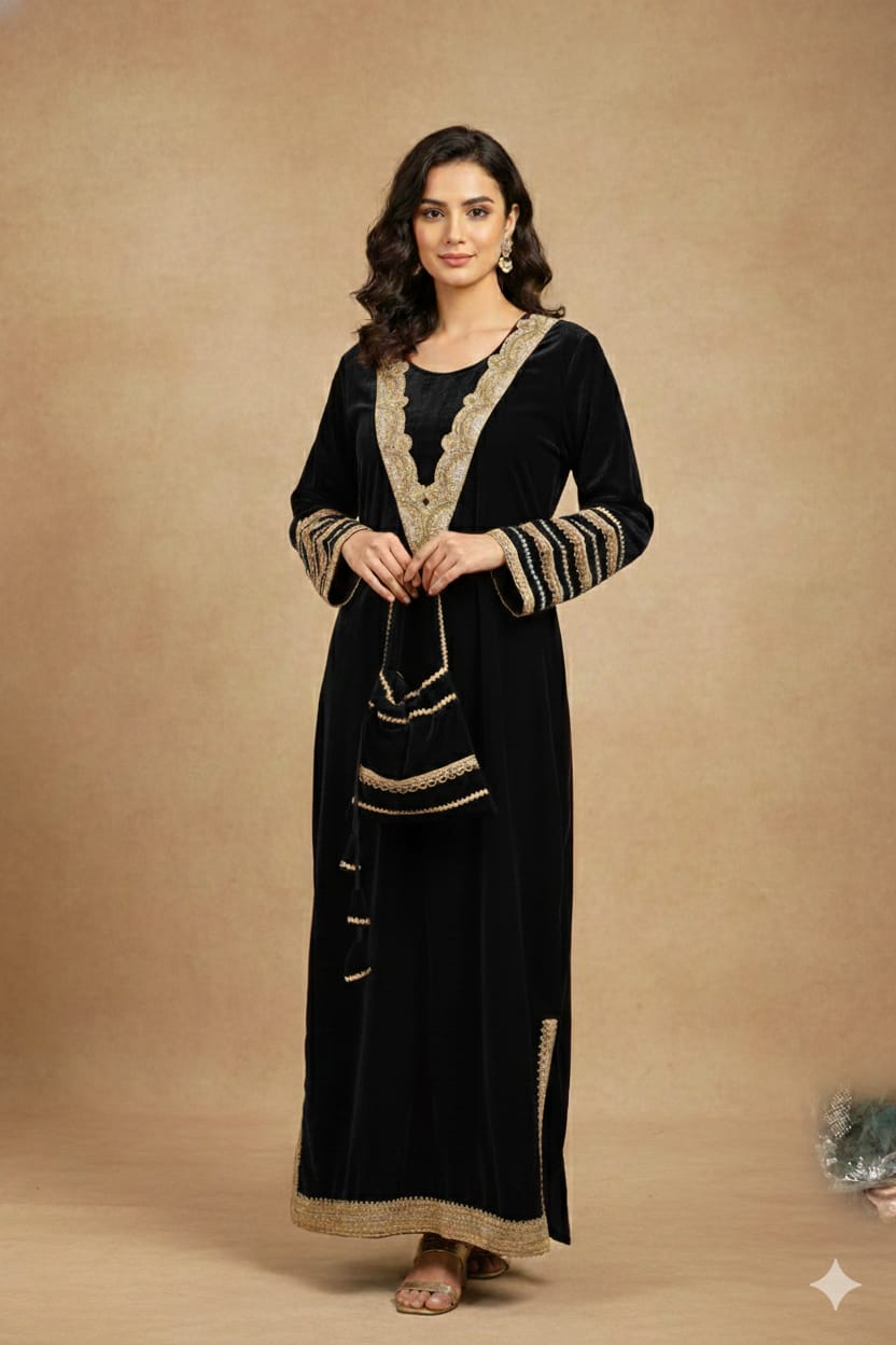 Mehar Velvet Embroidered Festive Long Dress with Potli Bag
