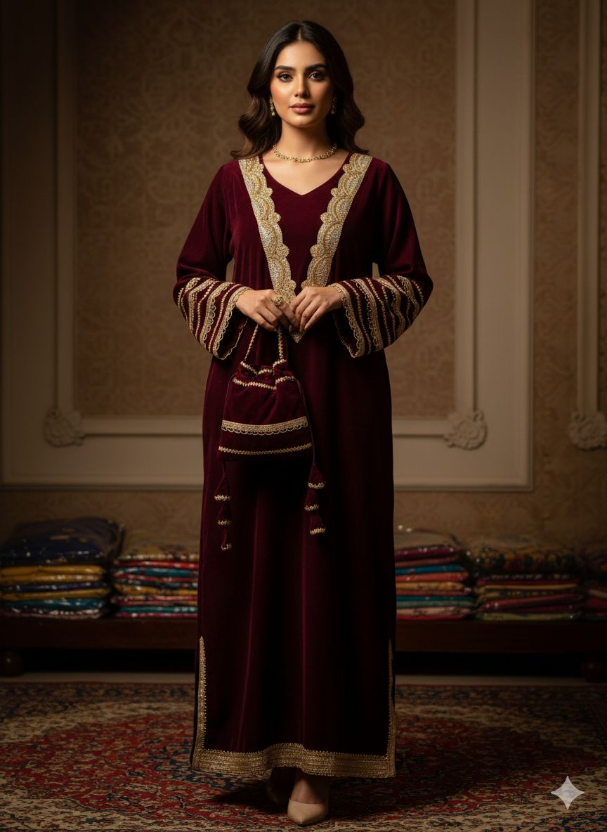 Mehar Velvet Embroidered Festive Long Dress with Potli Bag