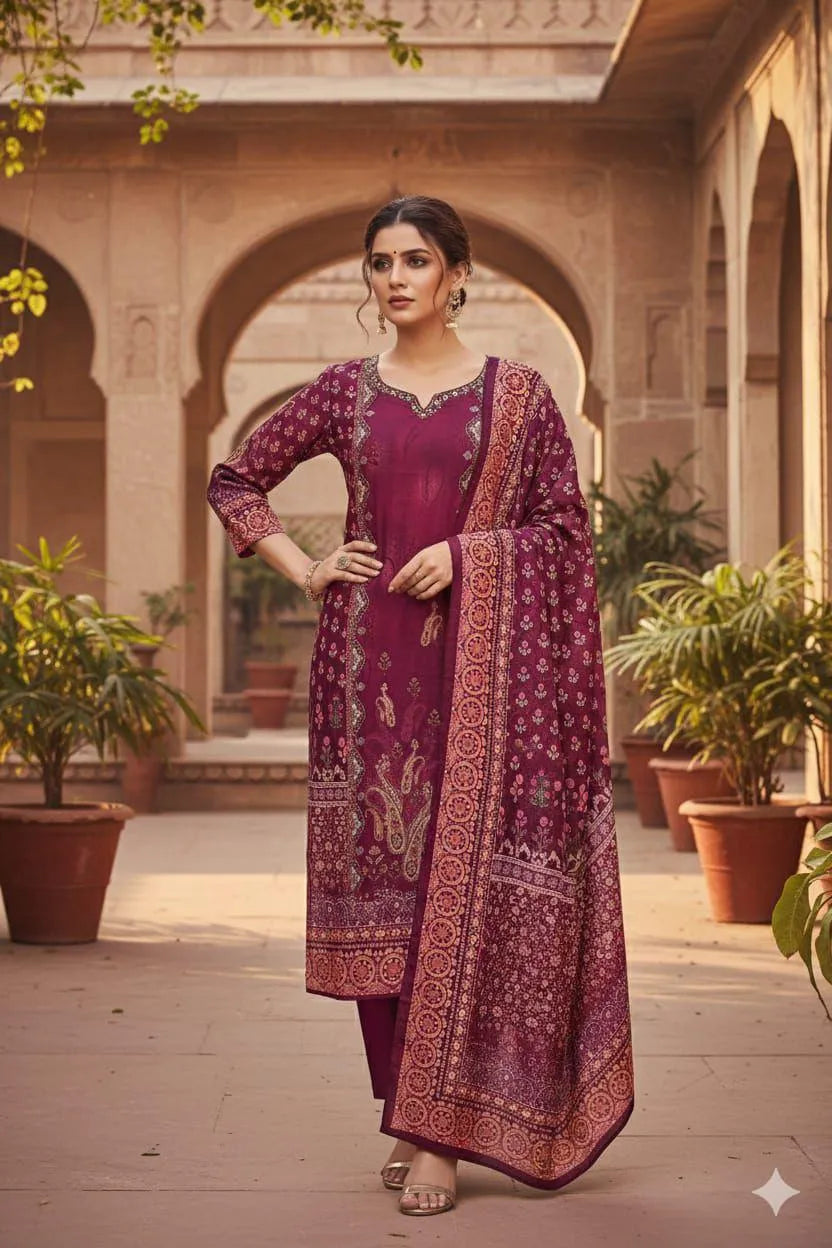Hand-Crafted Paisley Print Salwar Suit with Embellished Neckline