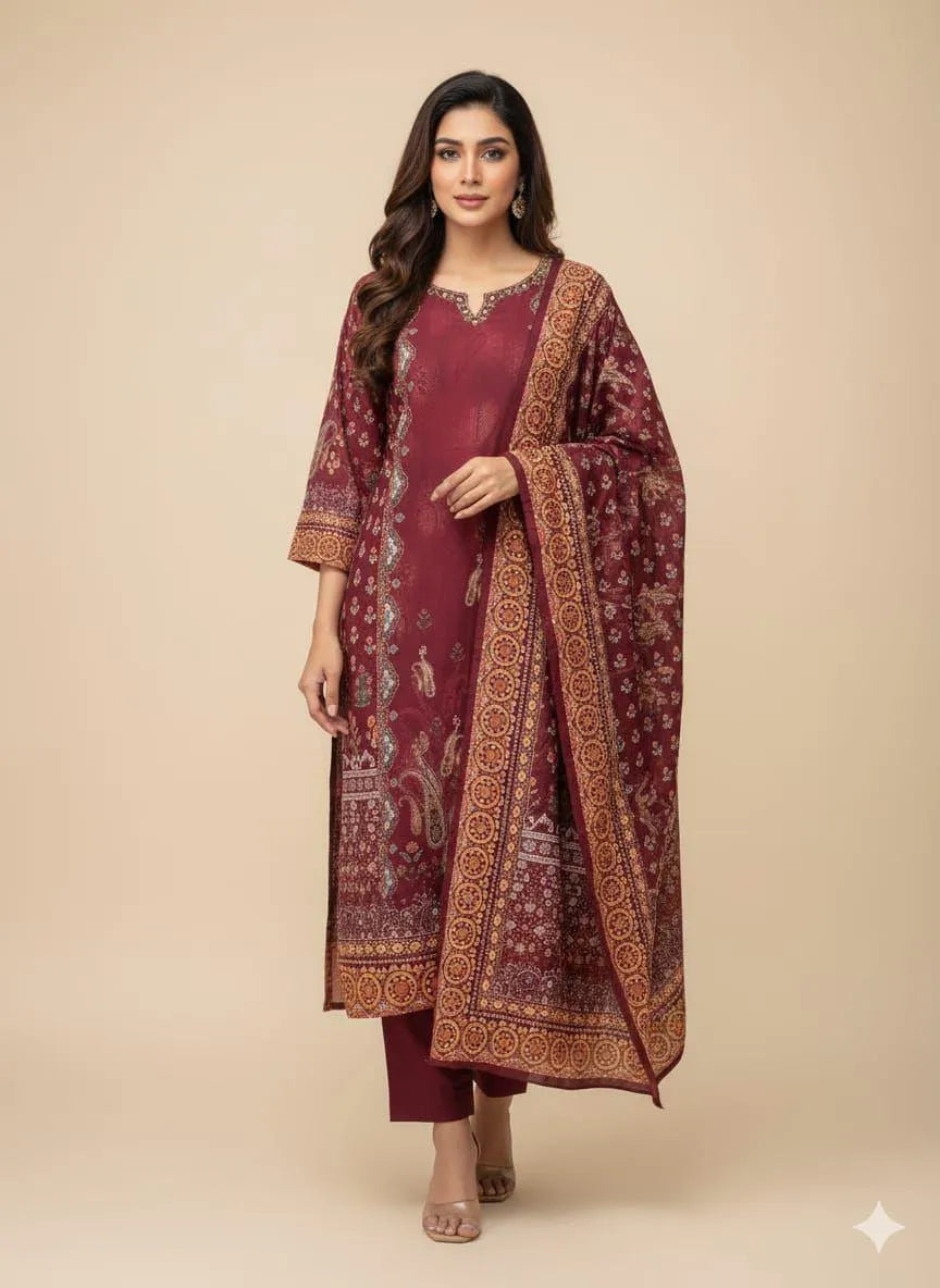 Hand-Crafted Paisley Print Salwar Suit with Embellished Neckline
