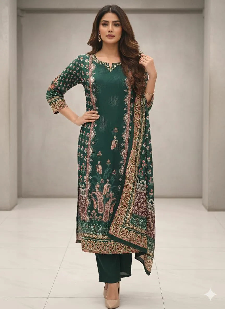 Hand-Crafted Paisley Print Salwar Suit with Embellished Neckline