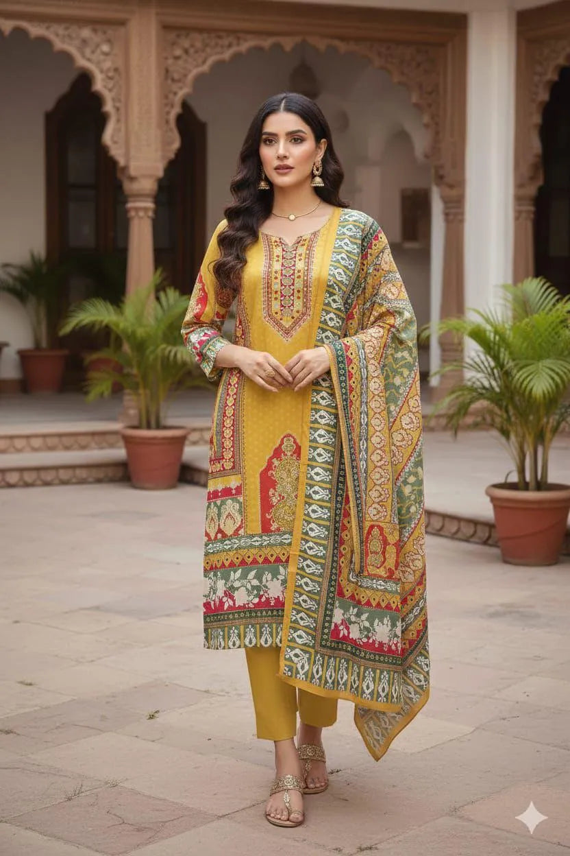 Artisan Printed 3-Piece Salwar Suit with Embellished Neckline