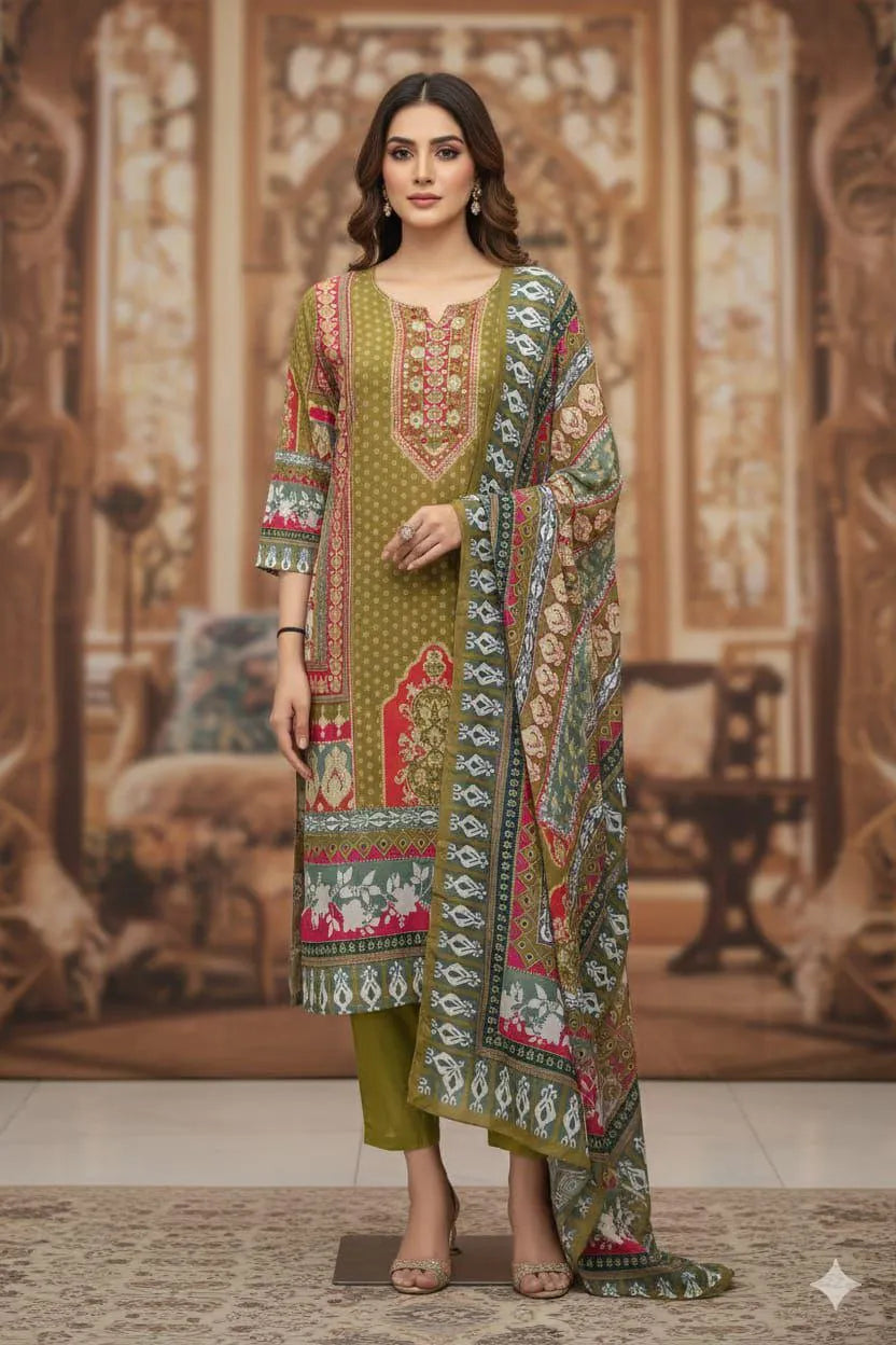 Artisan Printed 3-Piece Salwar Suit with Embellished Neckline