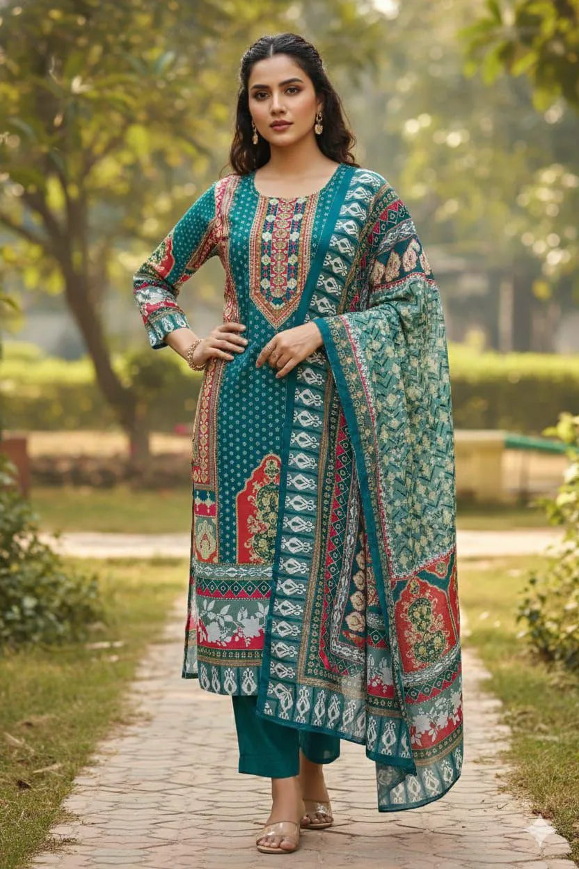 Artisan Printed 3-Piece Salwar Suit with Embellished Neckline