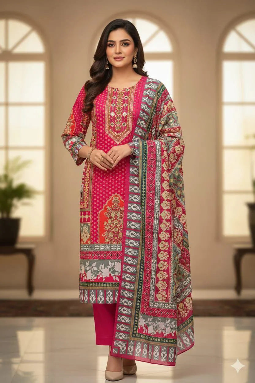 Artisan Printed 3-Piece Salwar Suit with Embellished Neckline