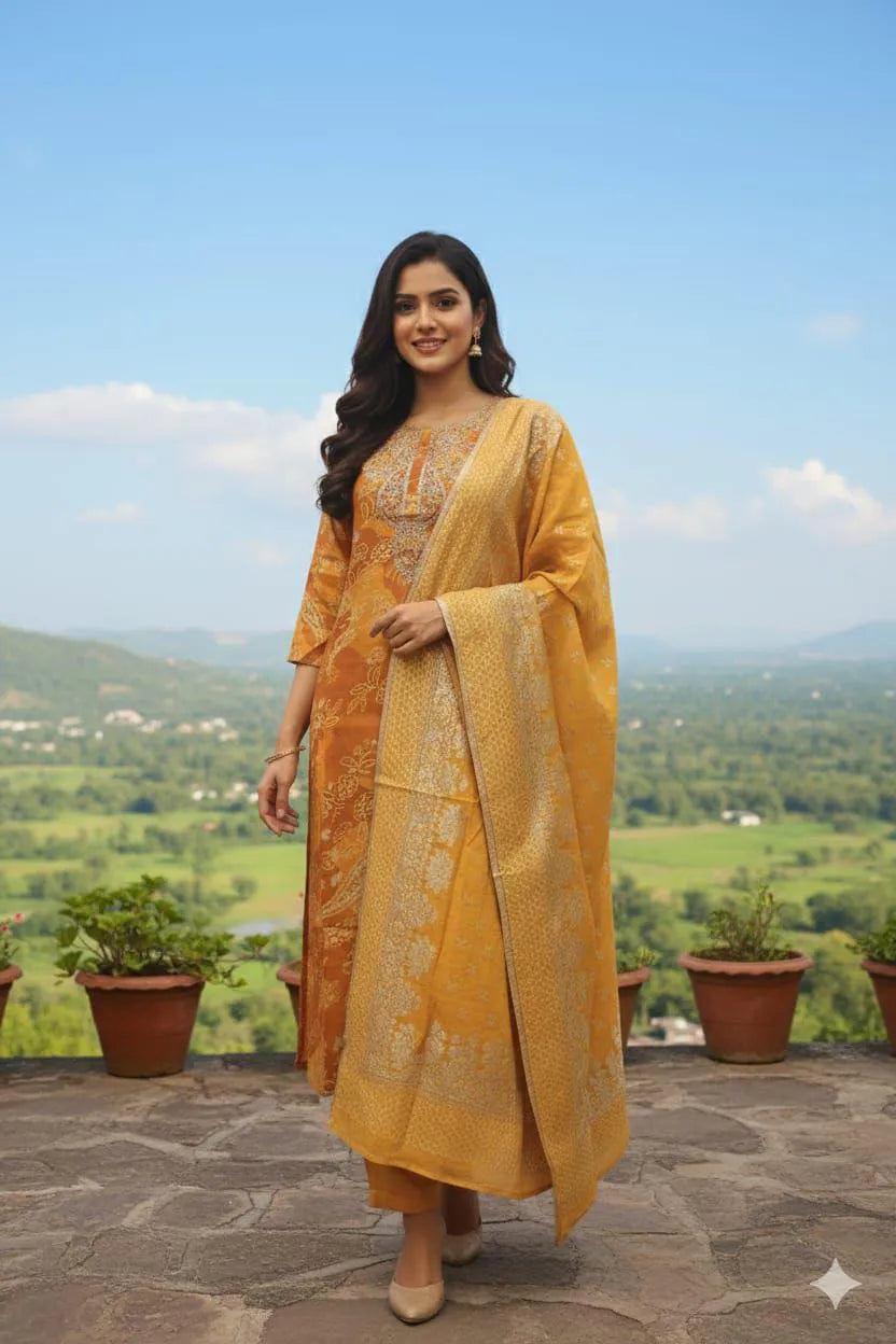 Hand-Crafted Paisley Print Salwar Suit with Embellished Neckline