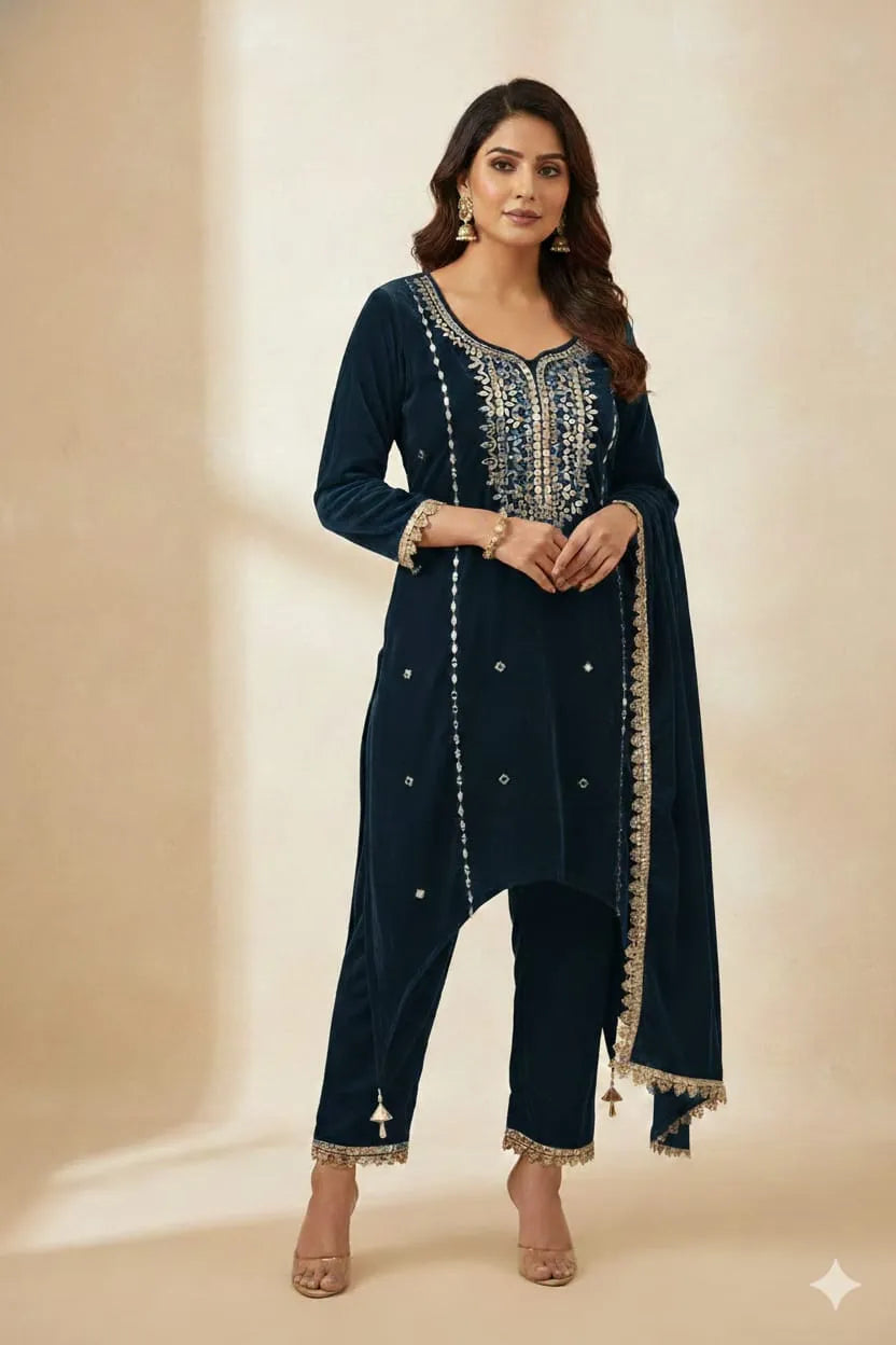 velvet lace work  cordset orginal mirror work with handwork