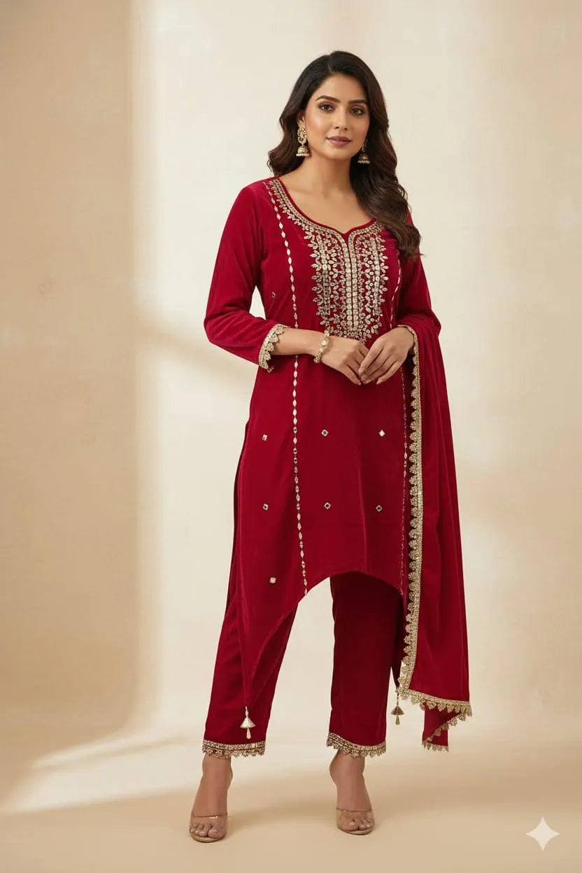 velvet lace work  cordset orginal mirror work with handwork