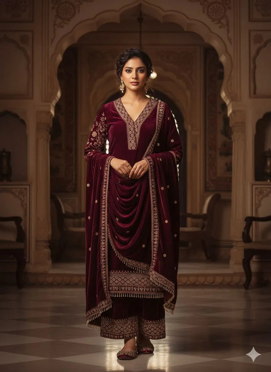 velvet zari work and handwork suit