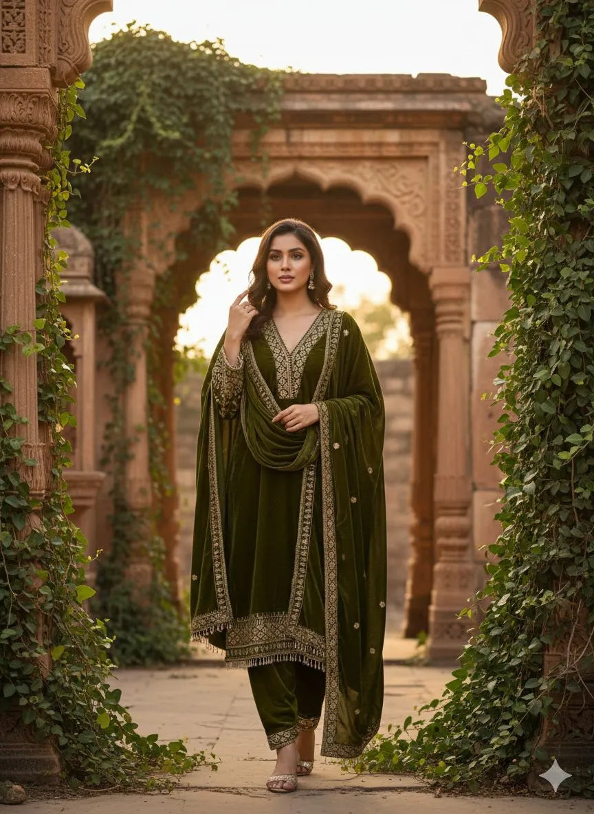 velvet zari work and handwork suit