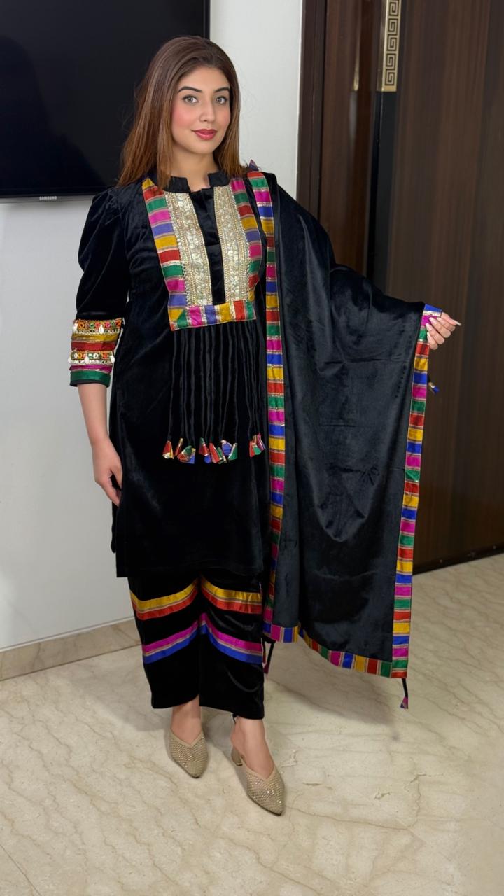 Rangrez Noir Multicolor Embroidered Kurta Pant Set with Dupatta