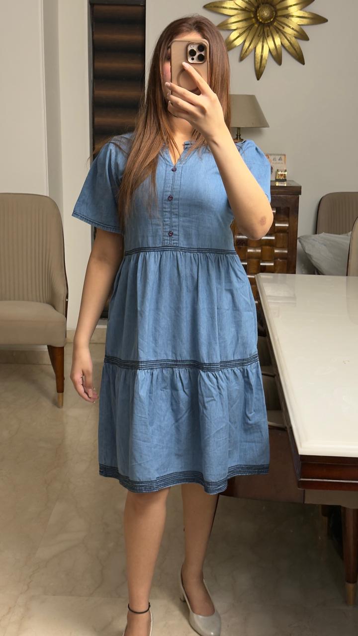 Breeza Casual Denim Midi Dress – Blue