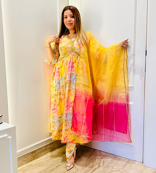 Selfie Multicolor Print Rayon Alia Cut Suit Set