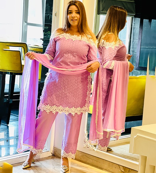 Selfie Lavender Shiffli Designer Cotton Suit Set