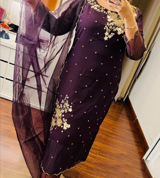 Selfie Wine Georgette Hand Work Suit Set