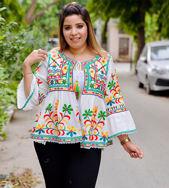 Selfie Snow White Cotton Kashmiri Embroidered Jacket